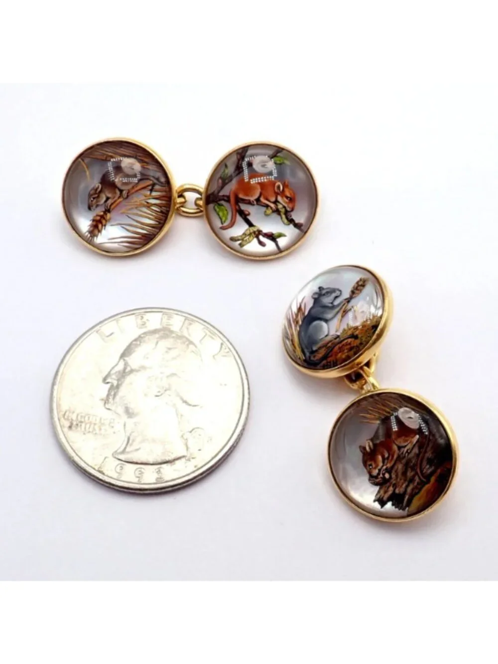Vintage Tiffany & Co 18k Yellow Gold Essex Reverse Intaglio Field Mice Cufflinks